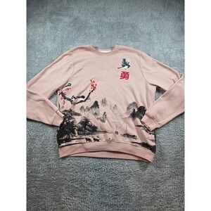 Men's Pink Crewneck Sweatshirt Asian Landscape Graphic Print Bird Kanji
